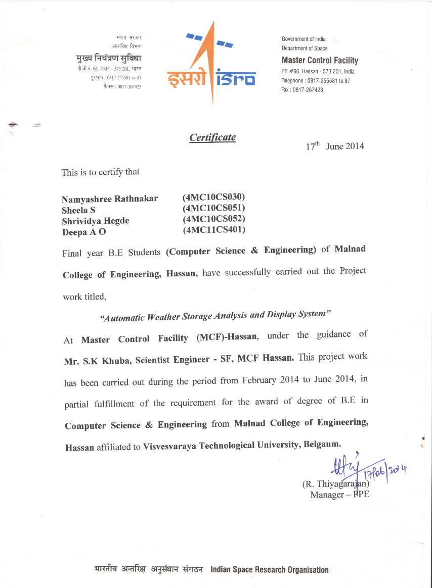ISRO MCF Internship Certificate 2014